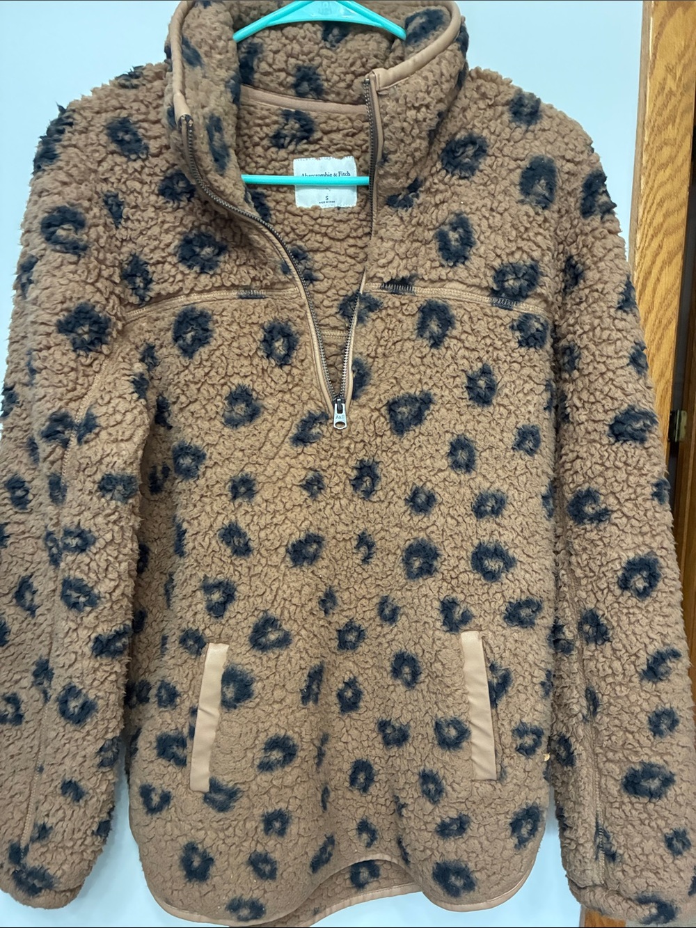 Abercrombie & Fitch Brown Leopard Sherpa Half-Zip Pullover